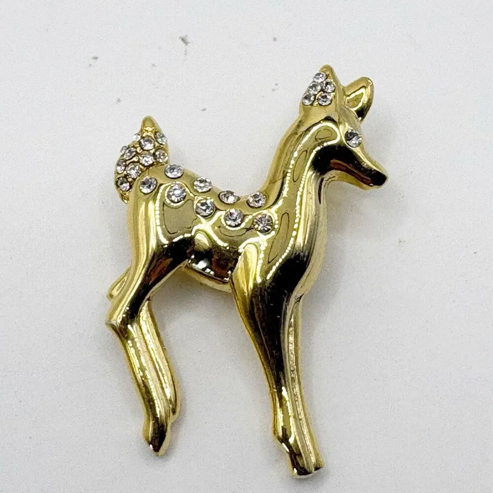 Gold Tone Reindeer Brooch Rhinestone Accents Costume Jewelry Christmas
